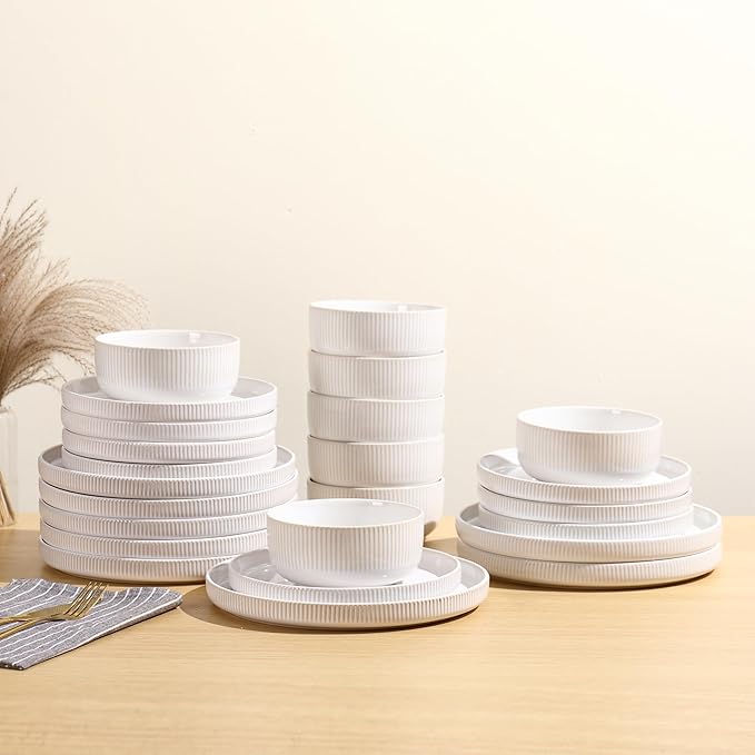 Frewinky Ceramic Dinnerware Sets for 8, Round Reactive Glaze Porcelain Plates and Bowls Sets, Scratch Resistant Modern Dishes Set, Dishwasher & Microwave Safe, Service for 8-White