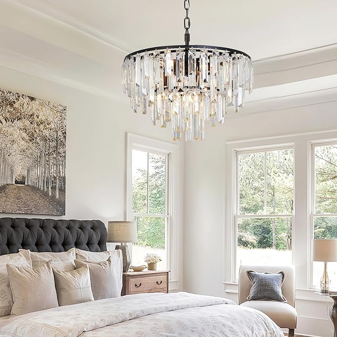 Black Crystal Chandelier Modern Round Dining Room Chandelier 4-Tier 6 Lights Dimmable Top K9 Luxury Ceiling Hanging Pendant Light Fixture for Dining Room Living Room Bedroom Foyer 18"