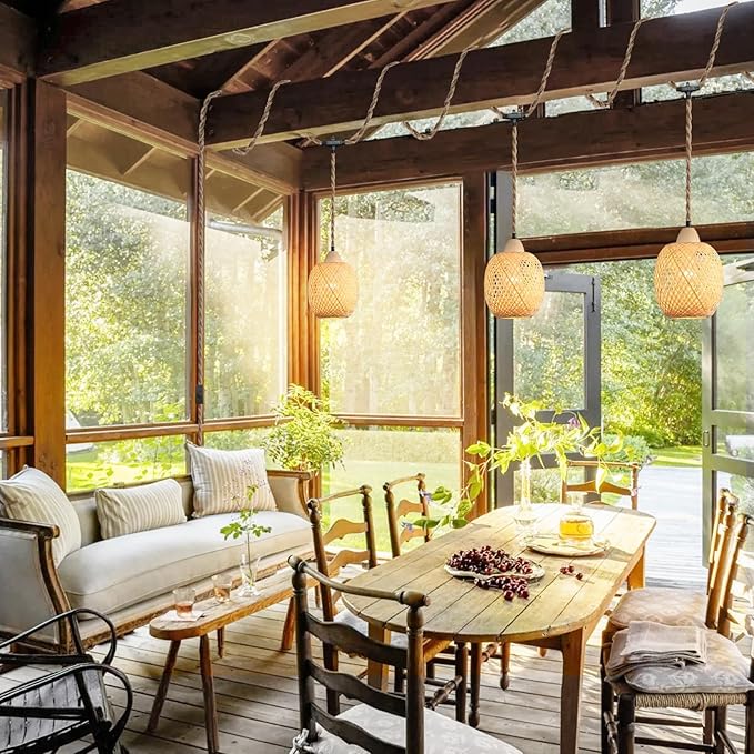 3-Light Bamboo Plug in Pendant Light with Switch, Boho Hanging Lights, 15ft Hand Woven Cord, for Bedroom Kitchen Island Farmhouse, ETL Listed