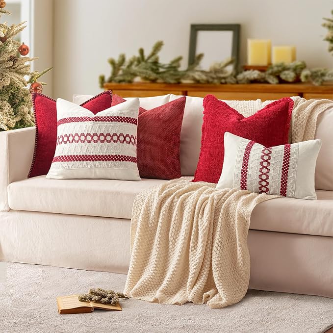 MIULEE Pack of 2 Christmas Pillow Covers 16x16 Inch Red Farmhouse Decorative Throw Pillow Covers with Stitched Edge Soft Chenille Solid Dyed Couch Pillow Covers for Sofa Bed Living Room