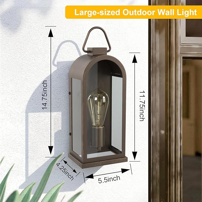 Vintage Outdoor Wall Light Fixtures (2 Pack) - Dark Brown Porch Lantern/Exterior Wall Sconce, Glass Shade, Sturdy Metal Frame, Waterproof & Anti-Rust, for Entryway/Garage/Patio/Doorway, E26 Socket