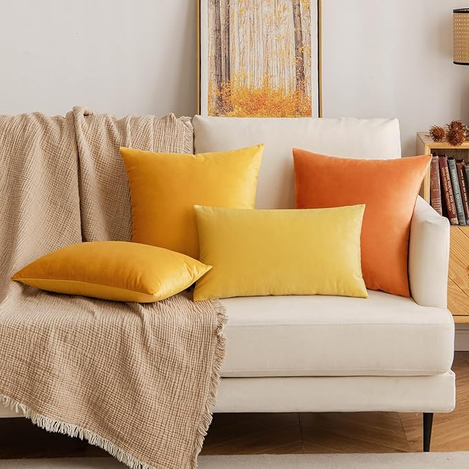 EMEMA Fall Orange Velvet Throw Pillow Covers 18x18 Inch Set of 2 Decorative Square Pillowcase Soft Solid Cushion Case for Couch Sofa Bed Bedroom Livingroom