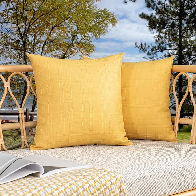 Kevin Textile Pack of 2 Outdoor Waterproof Pillow Covers Checkered Decorative Cushions Sham Throw Pillowcases Shell for Patio Tent Garden Couch Bed Sofa 22x22 Inch Yellow