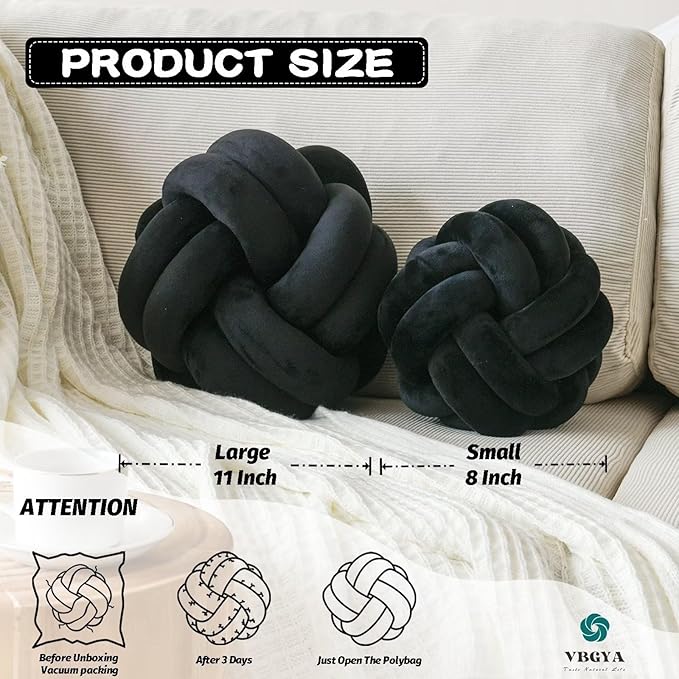 Knot Pillow Ball, Soft Home Decorative Throw Pillows Cushion, Round Changeability Knotted Pillows, Modern Home Handmade Cushions for Bedroom, Sofa, Couch (8 Inch, Black)