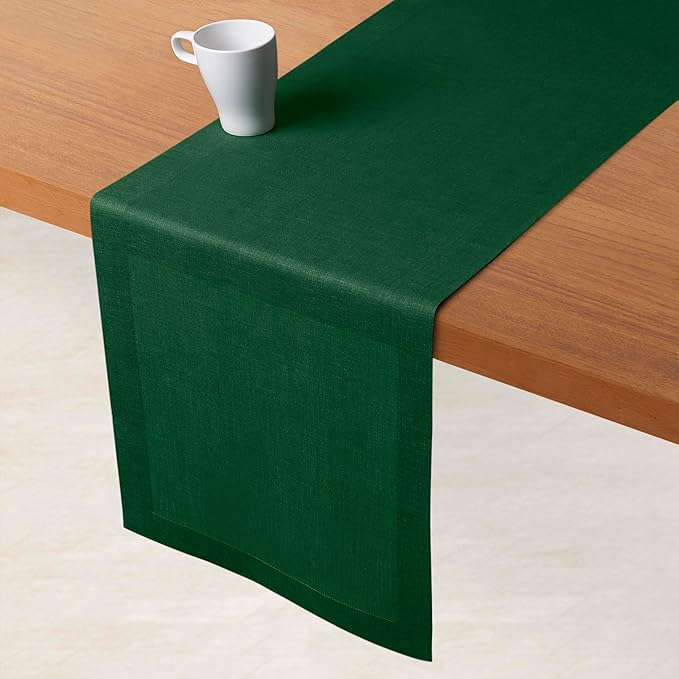 D'Moksha Homes Linen Table Runner 60 Inches - 100% Pure Linen Forest Green Table Runner 14 x 60 Inch for Coffee Tables, Dresser, Fall, Autumn and Halloween - Machine Washable