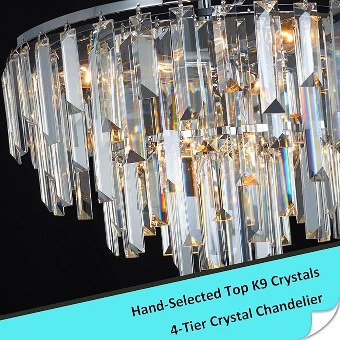 Chrome Crystal Chandeliers for Dining Room, 18" Modern Round Chandelier 4-Tier 6 Lights Dimmable Luxury Ceiling Light Fixture K9 Raindrop Crystal Pendant Lamp for Living Room Bedroom Foyer