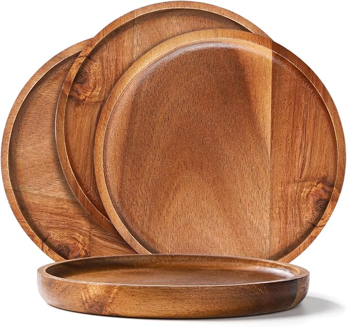 Wooden Acacia Plates of 4, 6Inch Round Wood Plates Acacia Wooden charcuterie boards Serving Tray for Dishes Snack Dessert