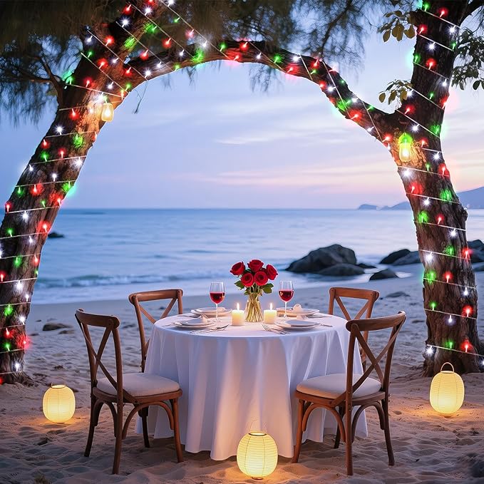 120 LED Christmas Lights Outdoor, 8 Modes Plug in Waterproof Twinkle Fairy String Lights for Tree Christmas Halloween Decorations, Red White&Green