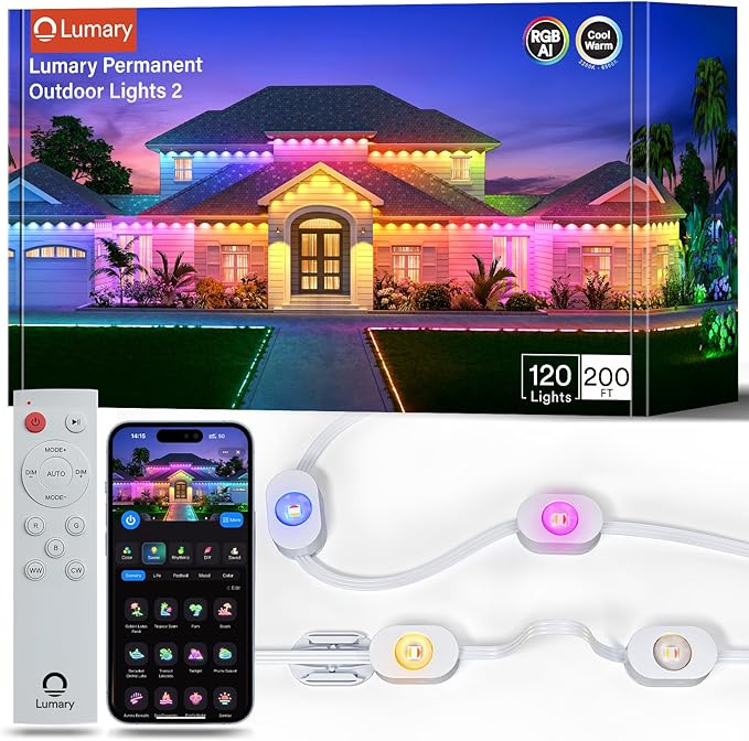 Lumary Permanent Outdoor Lights 2 with Remote, 200ft with 120 RGBAICW LEDs 7200lm for Daily & Accent Lighting, 110+ Scene Modes for Christmas Decor, IP67 Waterproof, Work with Alexa, Google, White