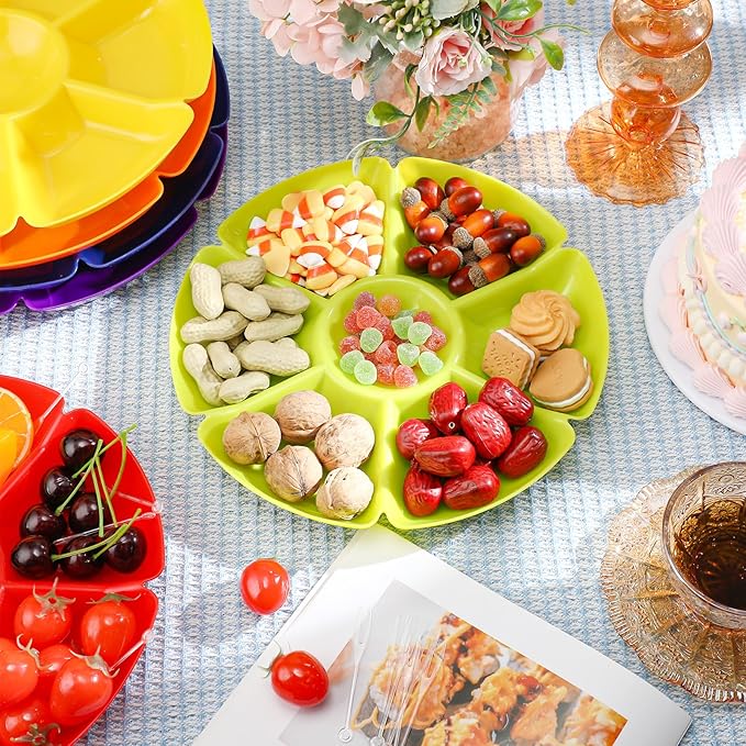 Zhehao 6 Pcs Plastic Divided Serving Trays with 60 Pcs Disposable Fork, 7 Compartments Round Chip Dip Plate, Petal Shape Platter, 10.6'' Snacks Serving Dish for Party Candy Nuts Fruits (Classic Color)