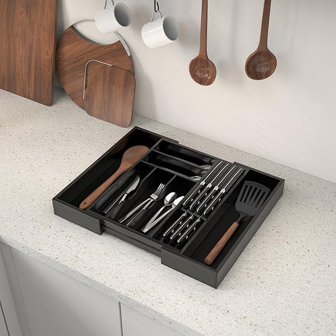 Bamboo Kitchen Drawer Organizer, Expandable Utensil Organizer with Removable Knife Block, Cutlery Tray Holder with Divider, Adjustable Silverware Organizer, Black