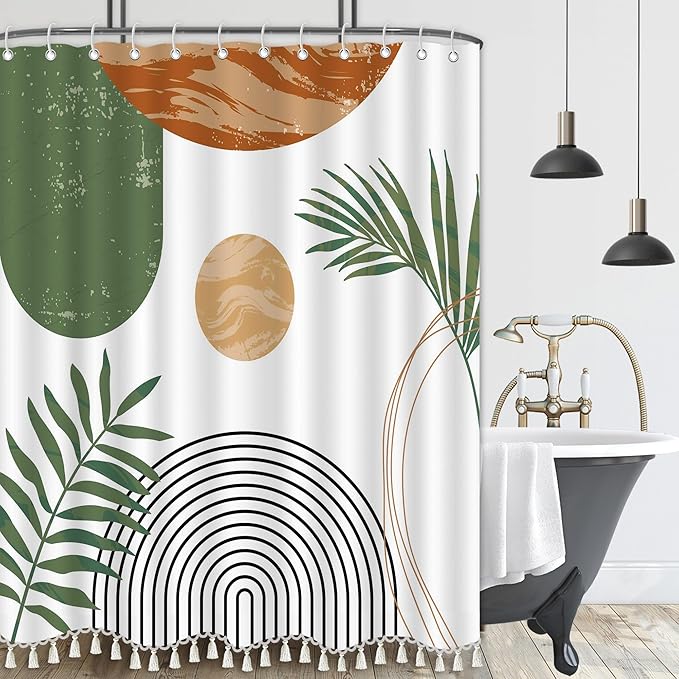 Boho Mid Century Leaf Shower Curtain Set,Arch Sun Design,Minimalistic Leaves Pattern,Waterproof and Luxurious Fabric-12 Hooks(Green-72" x 78")