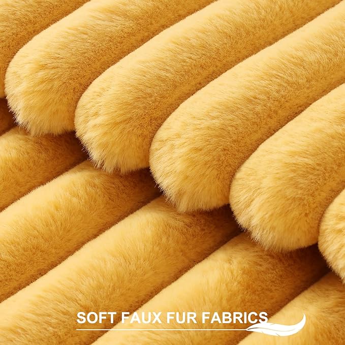 Pallene Faux Fur Plush Throw Pillow Covers 18x18 Set of 2, Luxury Soft Fluffy Striped Decorative Pillow Covers for Sofa, Couch, Living Room, Mustard Yellow