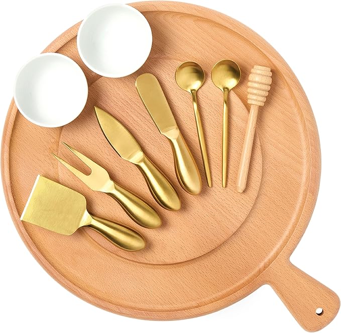 Charcuterie Board Set - Round Solid Wood Cheese Board for Serving with Accessories - House Warming Gifts for New Home, Bridal Shower & Wedding Gift, Birthday Gifts for Women