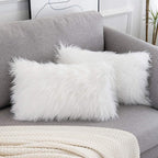 WLNUI Set of 2 White Christmas Decorative Lumbar Fluffy Pillow Covers New Luxury Series Merino Style Faux Fur Throw Pillow Covers Fuzzy Cushion Case for Sofa Bedroom Living Room Home Decor 12x20 Inch