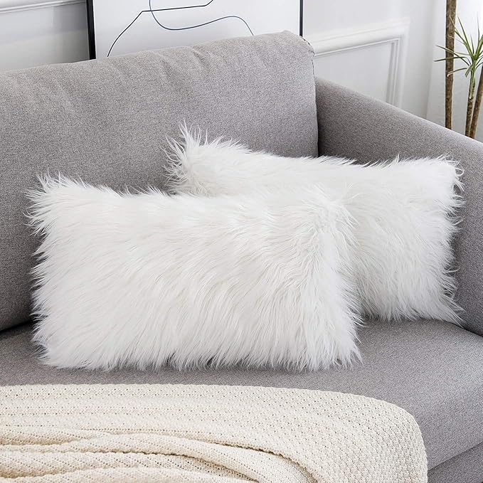 WLNUI Set of 2 White Christmas Decorative Lumbar Fluffy Pillow Covers New Luxury Series Merino Style Faux Fur Throw Pillow Covers Fuzzy Cushion Case for Sofa Bedroom Living Room Home Decor 12x20 Inch
