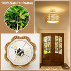 Tbaoinla✿ 13.8＂ Handwoven 3-Light Rattan Ceiling Light | Boho Flush Mount for Bedroom & Nursery, Natural Fiber Basket Light Fixture, Gold Light Fixture
