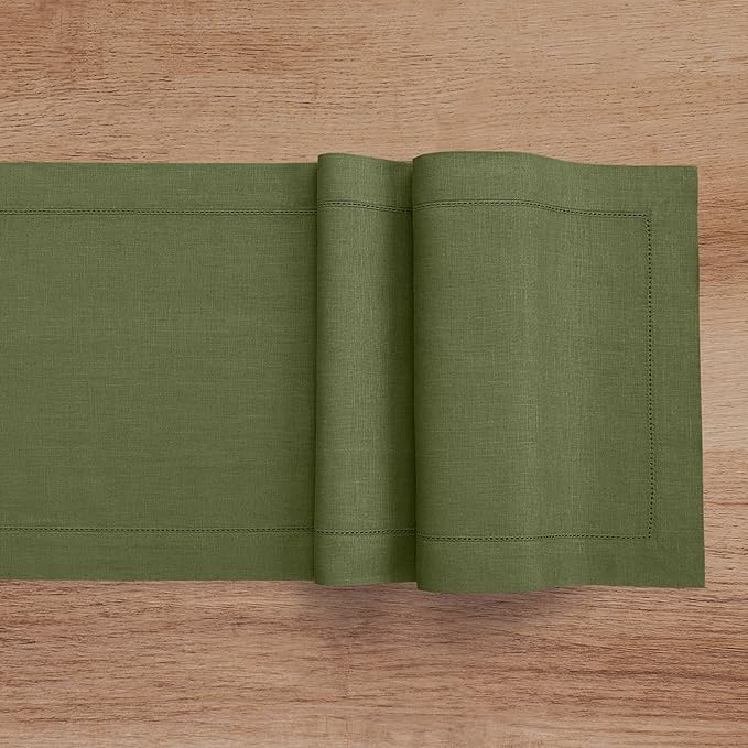 Solino Home Linen Table Runner 36 Inches - 100% Pure Linen Olive Hemstitch Table Runner 14 x 36 Inch Ideal for Dresser and Coffee Tables - Classic Hemstitch - Thanksgiving