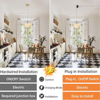 Plug in Pendant Light Hanging Light Fixture Corded On/Off Switch Brass Pendant Light with White Striped Glass Lampshade for Bedroom Living Room Kitchen Island
