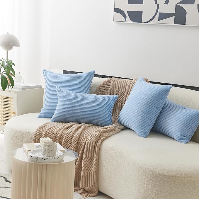 Home Brilliant Decor Super Soft Plush Corduroy Striped Throw Pillows Set of 2 Cushion Covers for Sofa Couch Bed, 50x50 cm, 20 x 20 Inch, Baby Boy Blue