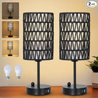 Black Bedside Lamps Set of 2, Touch Control Night Stand Lamp for Bedroom with Rattan & Linen Shade & Bulbs, 3 Way Dimmable Small Boho Table Lamps with USB Charging Port & Phone Stand