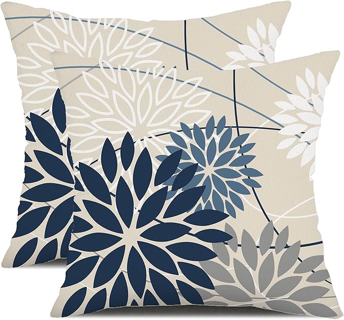 Blue and Gray Floral Pillow Covers 20x20 Set of 2 Outdoor Waterproof White Colored Decorative Throw Pillows Summer Pillowcase Polyester Cushion Case Decor for Couch Patio Funiture Garden Porch 01B20