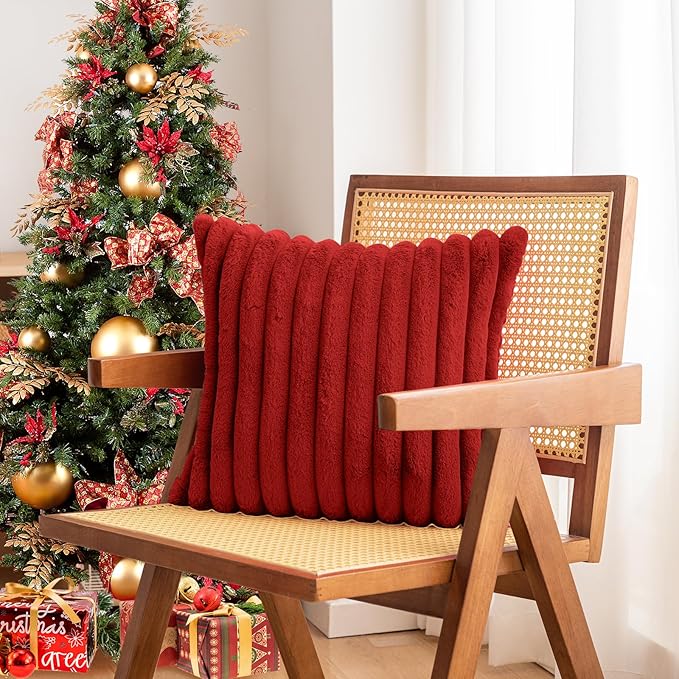 Christmas Red Faux Fur Plush Throw Pillow Covers 24x24 Set of 2 Fuzzy Striped Soft Cozy Pillowcase Luxury Decorative Pillows Square Fluffy Cushion Covers for Couch Bed Living Room