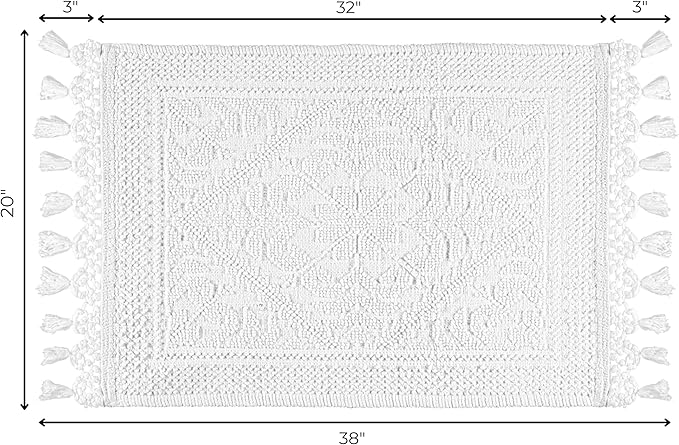 Savi Home Cotton Woven Jacquard Bathroom Rug, Woven Fringe Bathroom Mats, 100% Cotton, Non - Slip Bath Mat, Durable Thick Bath Mat 20”x38” with Fringes, White