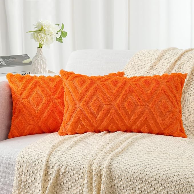 Pallene Orange Throw Pillow Covers 12x20 Set of 2, Soft Plush Faux Fur Decorative Lumbar Couch Pillow Covers for Sofa Bed Living Room Pillow Cases with 3D Diamond Pattern