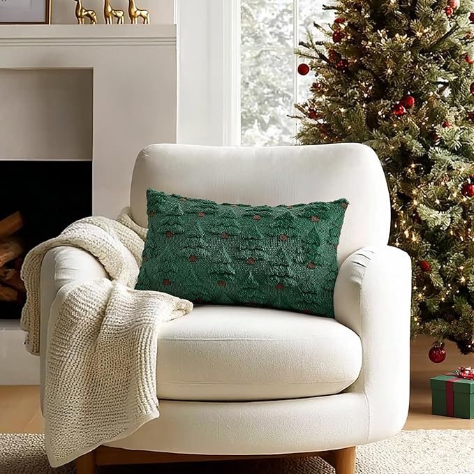 MIULEE Christmas Tree Decorative Pillow Covers Faux Fur Wool Throw Pillows Soft Plush Cushion Covers Set of 2 Xmas Home Decor Winter Holiday for Sofa Couch Livingroom Bed 12x20 Inch Dark Green