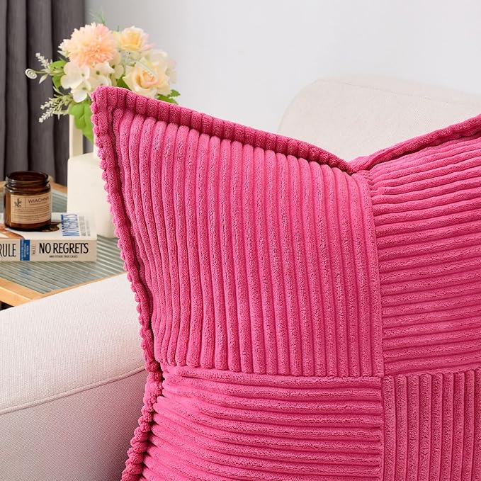 HAUSSY Hot Pink Throw Pillow Covers 20x20 Inch Set of 2,Soft Solid Corduroy Striped/Wide Bordered,Valentine Decor Pillows,Spring Home Decorations for Couch,Bed