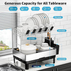 Dish Drying Rack, 2 Tier Large Dish Rack, Stainless Steel Dish Drainer for Kitchen Counter, Dishes Rack with Automatic Drainage, Utensil Holder,Cups Holder,Space Saving Kitchen Organizer,Black
