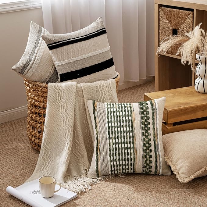 ANRODUO Pack of 2 Boho Decorative Throw Pillow Covers 18x18 Farmhouse Cushion Case Striped Chenille Pillow Cases Square Pillow Covers Accent Neutral Pillowcase for Sofa Couch Bed Fall, Gray Stripe
