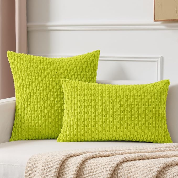 Kevin Textile Decorative Pillow Covers Set of 2 Striped Plush Corduroy Pillows Pillowcases Boho Home Decor Cushion Covers for Couch Sofa Bed Living Room 18x18 Inch, Christmas Green