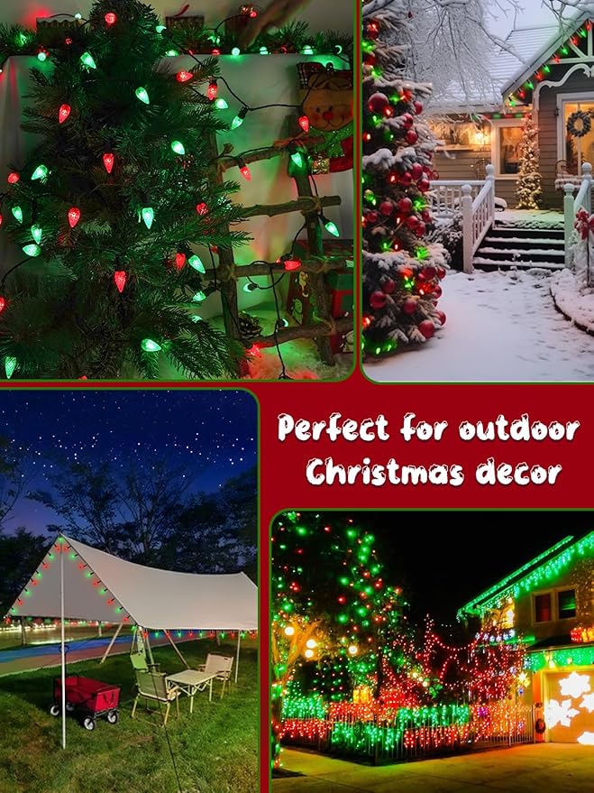 C6 Solar Christmas Lights Outdoor, 100 LED 33FT Christmas Decorations Outdoor Waterproof, Solar String Lights for Outside with 8 Modes, Fairy Twinkle Light for Tree Garden Yard Decor (Red and Green)