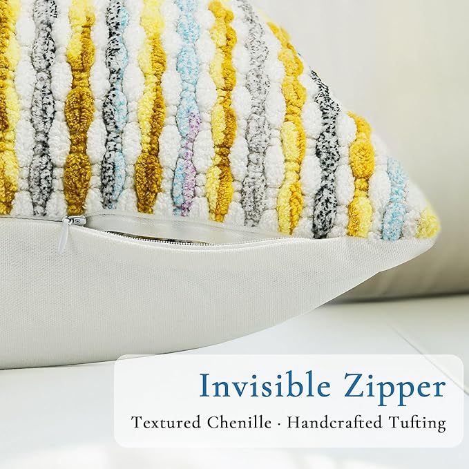Boho Decorative Throw Pillow Covers 12x20 Inch, Chenille Tufted Pillow Cover Striped Textured Lumbar Farmhouse Accent Pillowcase for Couch Sofa Bedroom Living Room, Yellow White Stripe 1 Pack