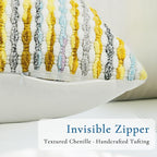 Boho Decorative Throw Pillow Covers 12x20 Inch, Chenille Tufted Pillow Cover Striped Textured Lumbar Farmhouse Accent Pillowcase for Couch Sofa Bedroom Living Room, Yellow White Stripe 1 Pack