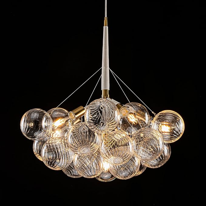 Longree Mid-Century Bubble Chandelier White and Gold 6 Lights Dia 24" Swirled Glass Chandeliers Pendant Light for Kitchen Island, Bedroom, Dining Room