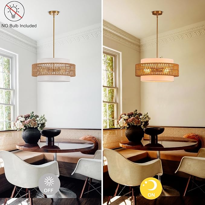 19.7" Rattan Chandelier with Linen Vintage Farmhouse Boho Hand Woven Bamboo Chandelier Light Fixture Modern Drum Wicker Rattan Gold Chandeliers for Dining Room, Kitchen, Living Room,Foyer