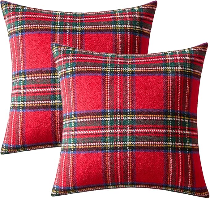 MIULEE Christmas Plaid Decorative Throw Pillow Covers Set of 2 Scottish Tartan Vintage Farmhouse Winter Cuhion Case Pillow Covers for Couch livingroom Sofa Bed Porch Home Decor 18x18inch Red