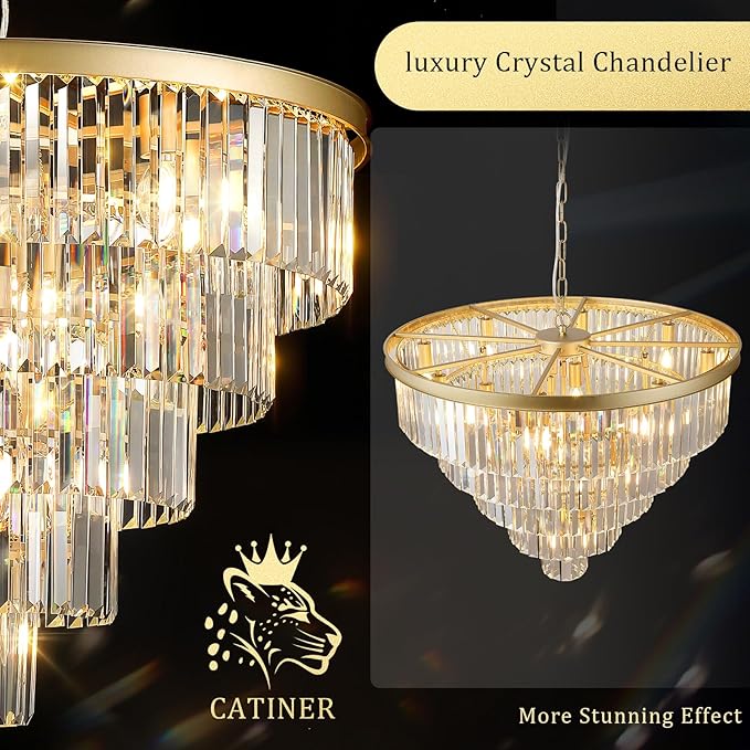 Large Crystal Chandeliers Modern 30”Gold Chandelier for Foyer Staircase Chandeliers 5 Tiers 16 Lights Luxury K9 Ceiling Pendant Lighting Fixture for Dining Room Bedroom