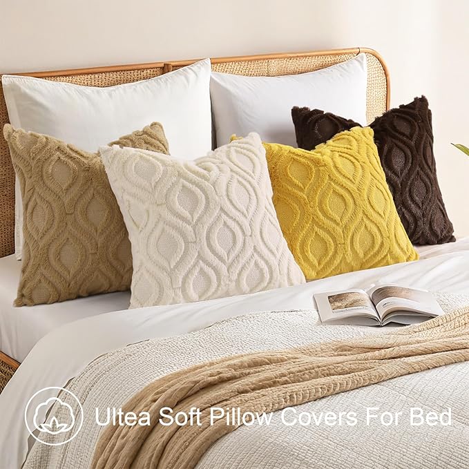 decorUhome Throw Pillow Covers 20x20 Inch Set of 2, Soft Plush Decorative Faux Fur Mustard Yellow Solid Couch Pillow Covers, Accent Farmhouse Neutral Square Euro Pillow Cases for Sofa Bed Living Room