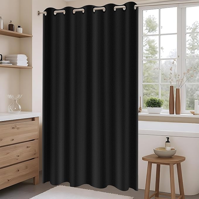 No Hook Shower Curtain, Black Modern Chevron Striped Luxury Hotel Style, Washable Waterproof Fabric for Bathroom, 15 Seconds Quick Install, 72W x 80L Inches