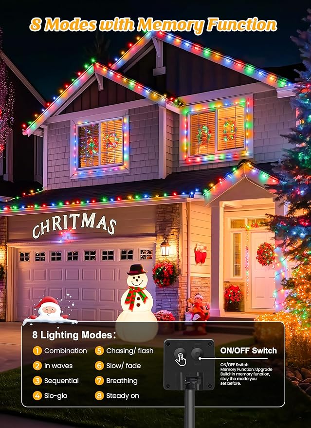 Brightown Solar Christmas Lights Outdoor, 2 Pack Total 92FT 240 LED Solar String Lights Outdoor Waterproof Green Wire with 8 Modes, Solar Fairy Light for Garden Yard Patio Party Decors, Multicolor