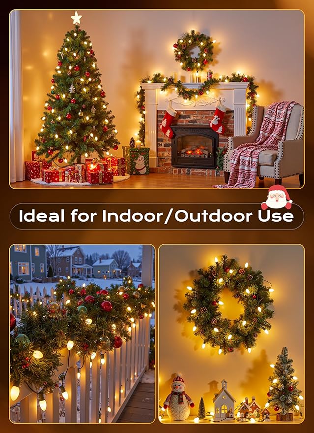 Brightown C9 LED Christmas Lights Outdoor, 50 FT 50 Warm White Connectable C9 String Lights for Christmas Tree Patio Roofline Garden Backyard Holiday Party Indoor Outdoor Decoration, Green Wire