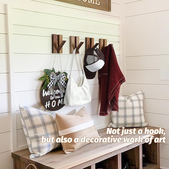 Foldable Wall Hooks 4Pack: Rustic Wooden Coat Hooks Mounted for Heavy Duty Hanging Towels Backpack Bags Hats, Space Saving Minimalist Decorative Hooks for Aesthetic Homeowners