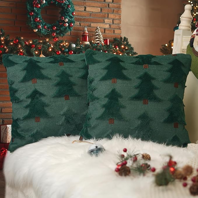 GEEORY Christmas Pillow Covers 26x26 Inch Set of 2, Christmas Decorations Xmas Tree Soft Plush Fluffy Faux Fur Decorative Throw Pillows Farmhouse Winter Cushion Case Green Brown GC033-26