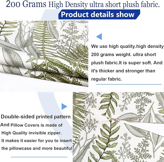 Decorative Throw Pillow Covers Set of 2 Olive Green Leaves Pillow Covers 18x18 inch Soft Short Plush Square Floral Throw Pillows,Farmhouse Outdoor Pillow Covers for Couch Bed Living Room