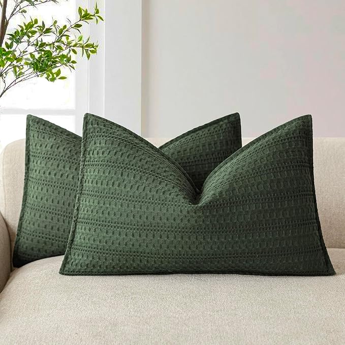 Foindtower Set of 2 Decorative Cotton Waffle Weave Lumbar Throw Pillow Covers Euro Shams Cushion Covers Accent European Pillowcase for Bed Couch Bedroom Living Room Home Decor 12×20 Inch Dark Green