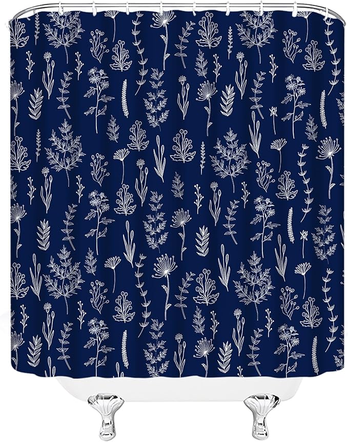 Navy Blue Floral Shower Curtain Rustic Flower Farmhouse Plant Cute Leaves Retro Botanical Vintage Bathroom Curtain Set with Hooks(78" Wx70 H)